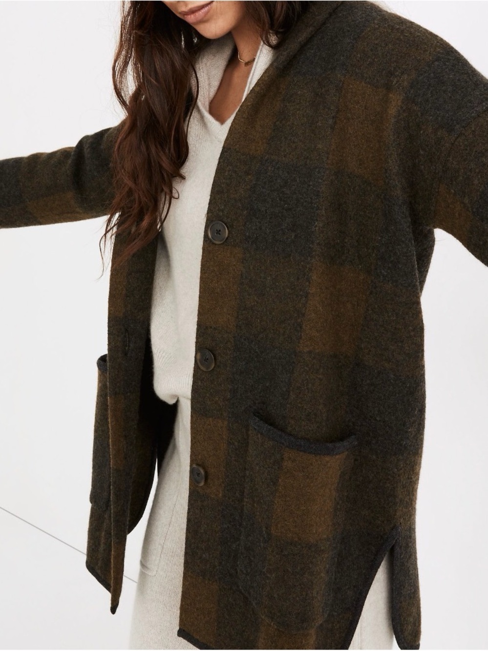 Madewell Olive and Brown Checked Sweater Coat